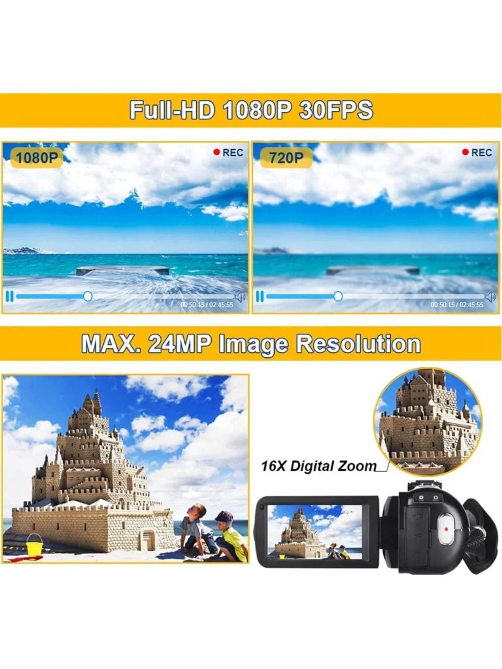 Full HD 1080P Video Camera Camcorder with Night Vision, 16X Zoom & Remote